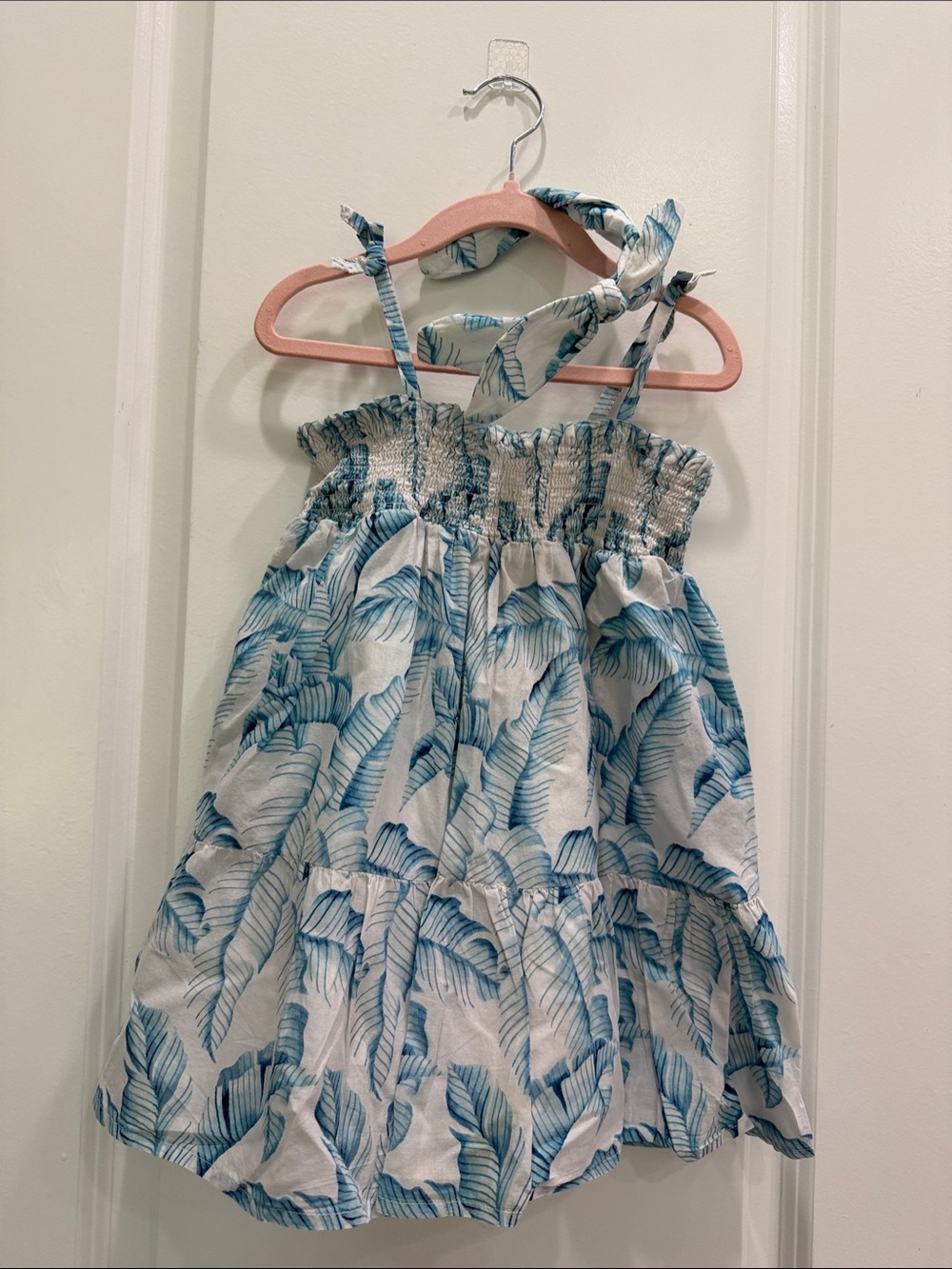 Blue Leaf-Print Tie-Shoulder Girls' Casual Sundress and headband